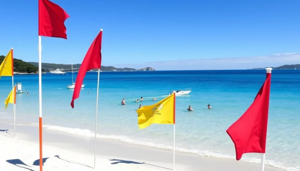 Beach safety flags on a Nelson Bay beach with lifeguards on duty Beach safety flags on a Nelson Bay beach with lifeguards on duty