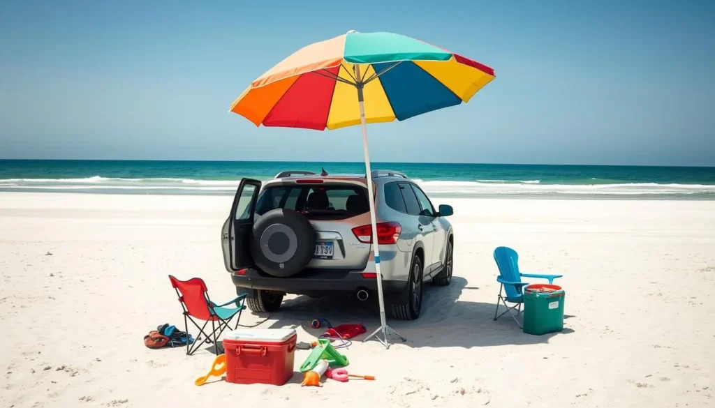 Beach setup with umbrella, chairs, and cooler on Mustang Island with a vehicle parked on the beach
