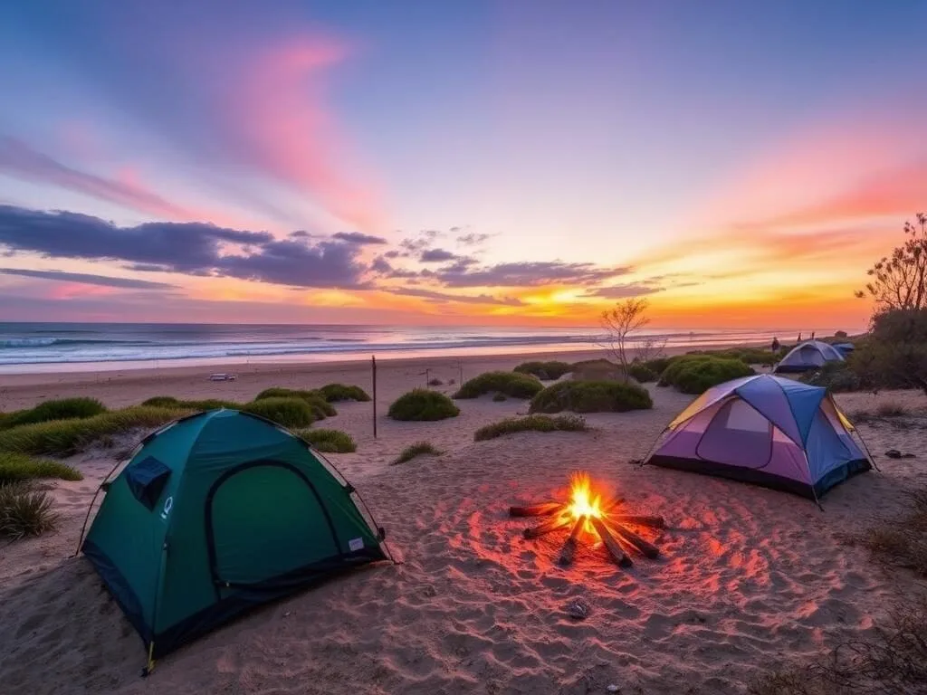 Beachfront camping area at Dundee Beach with tents and ocean view