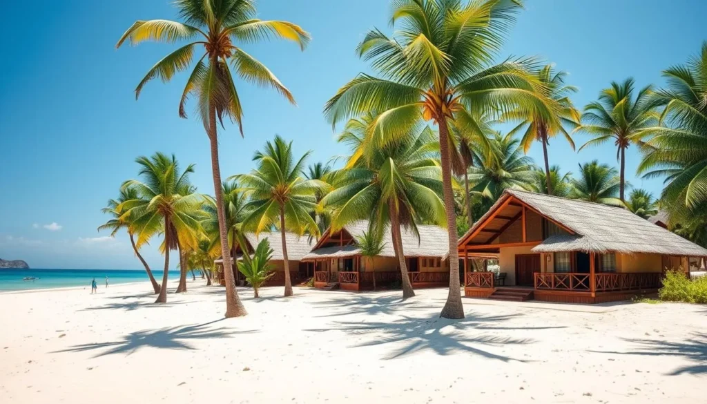 Beachfront eco-lodge in Sierra Leone with traditional-style bungalows among palm trees facing the ocean Beachfront eco-lodge in Sierra Leone with traditional-style bungalows among palm trees facing the ocean