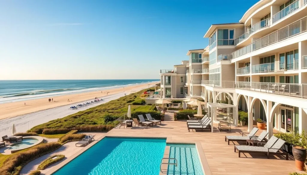 Beachfront hotel in Montauk with ocean views and comfortable lounge chairs on the sand
