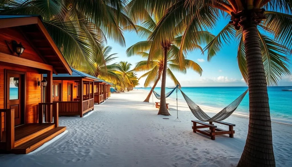 Beachfront resort on Little Cayman with hammocks between palm trees and ocean view