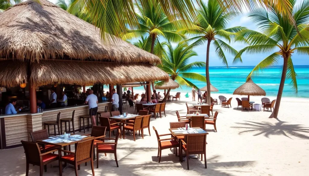 Beachfront restaurant at Carlisle Bay with tables on the sand and ocean view Beachfront restaurant at Carlisle Bay with tables on the sand and ocean view