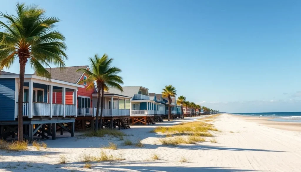 Beachfront vacation homes and condos on Mustang Island with palm trees and the Gulf of Mexico in the background