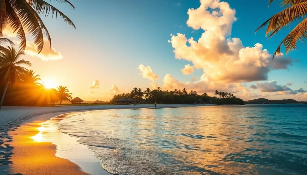 Beautiful beach in Mauritius during sunset with palm trees and clear waters showing the perfect weather conditions