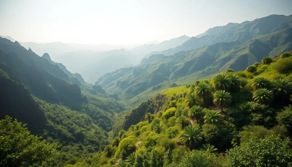 Beautiful green landscape in Salalah during Khareef season with misty mountains and lush vegetation