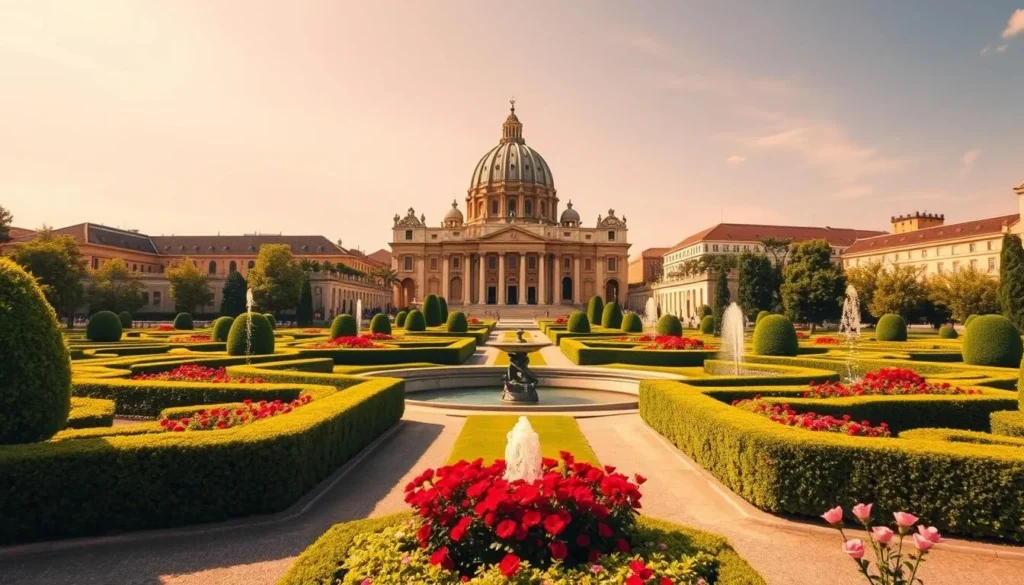 Beautiful landscaped Vatican Gardens with view of St. Peter's dome in the background