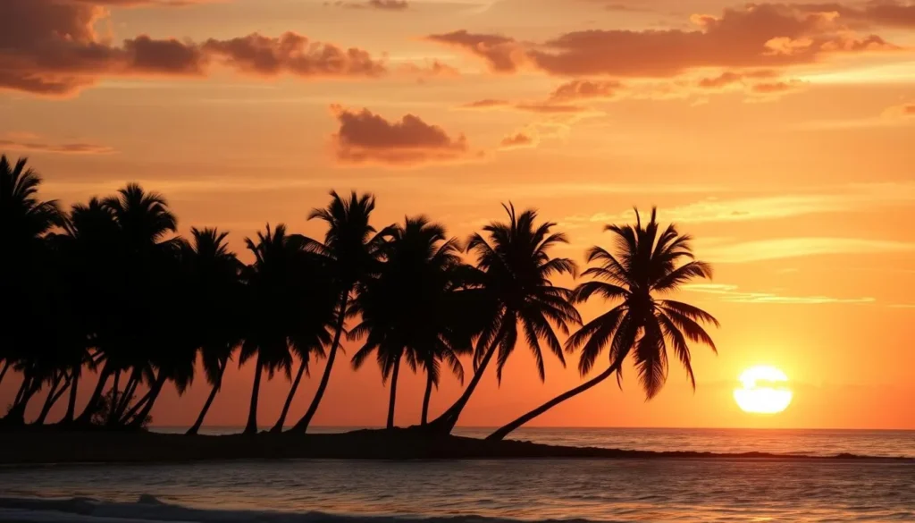 Beautiful sunset over a Sierra Leone beach with silhouetted palm trees and golden skies reflecting on calm waters Beautiful sunset over a Sierra Leone beach with silhouetted palm trees and golden skies reflecting on calm waters