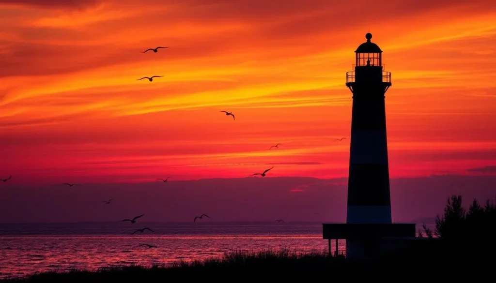 Beautiful sunset view of Morris Island Lighthouse with birds flying around Beautiful sunset view of Morris Island Lighthouse with birds flying around