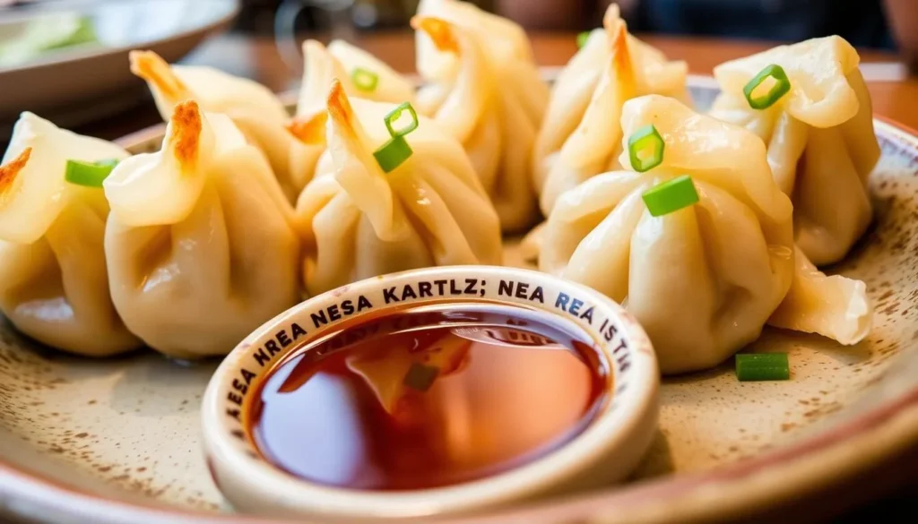 Beautifully arranged plate of Mandu's signature dumplings with dipping sauce