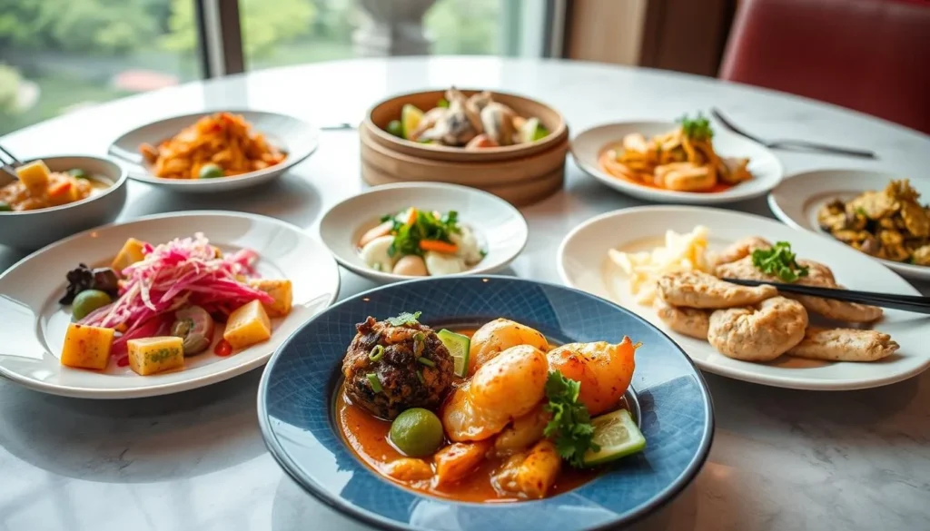 Beautifully plated Cantonese dishes at Queen's English restaurant with colorful presentation