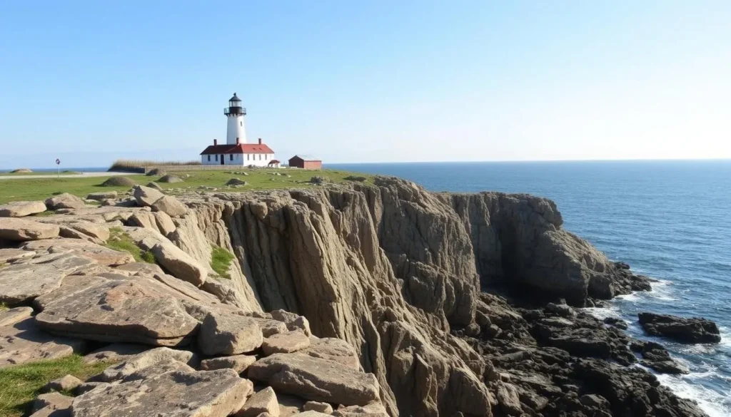 Beavertail State Park Jamestown Rhode Island with rocky cliffs and historic lighthouse