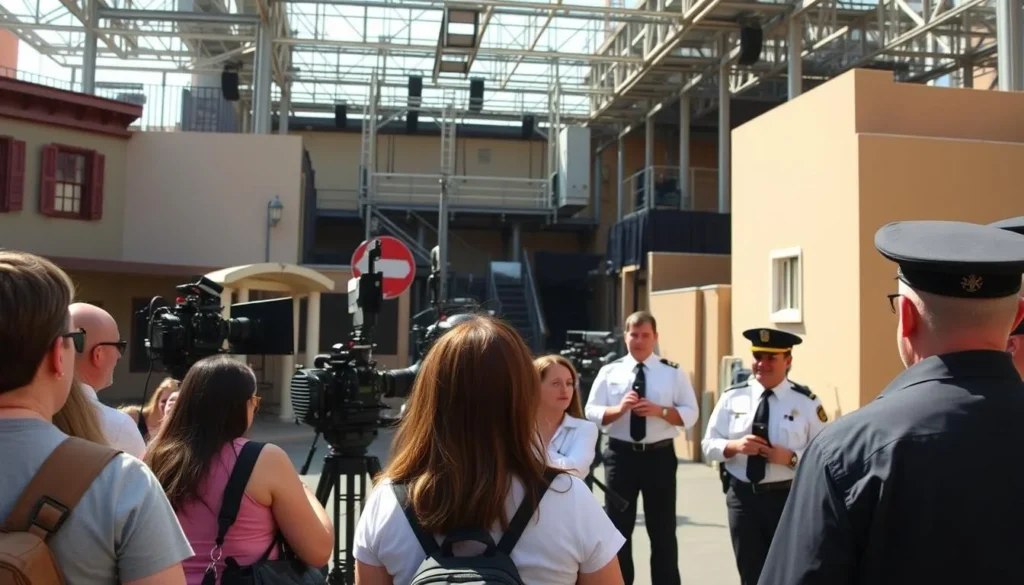 Behind-the-scenes view of a Hollywood studio tour showing film sets and production equipment Behind-the-scenes view of a Hollywood studio tour showing film sets and production equipment