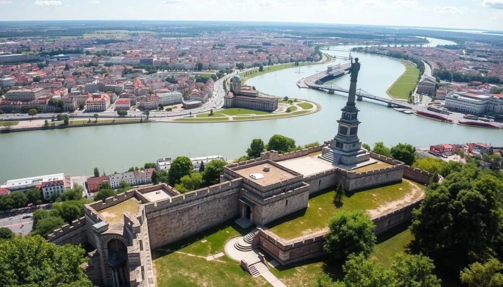 Belgrade Fortress (Kalemegdan) with the Victor Monument overlooking the confluence of Sava and Danube rivers Belgrade Fortress (Kalemegdan) with the Victor Monument overlooking the confluence of Sava and Danube rivers