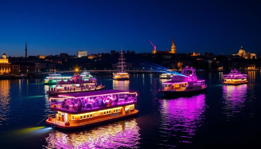 Belgrade's famous floating clubs (splavovi) on the Sava River at night with city lights Belgrade's famous floating clubs (splavovi) on the Sava River at night with city lights