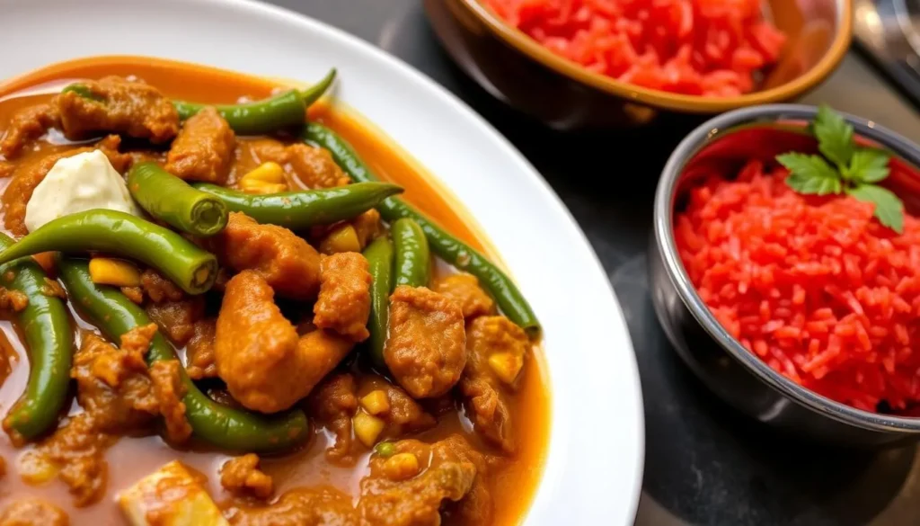 Bhutanese dish Ema Datshi with chilies and cheese served with red rice