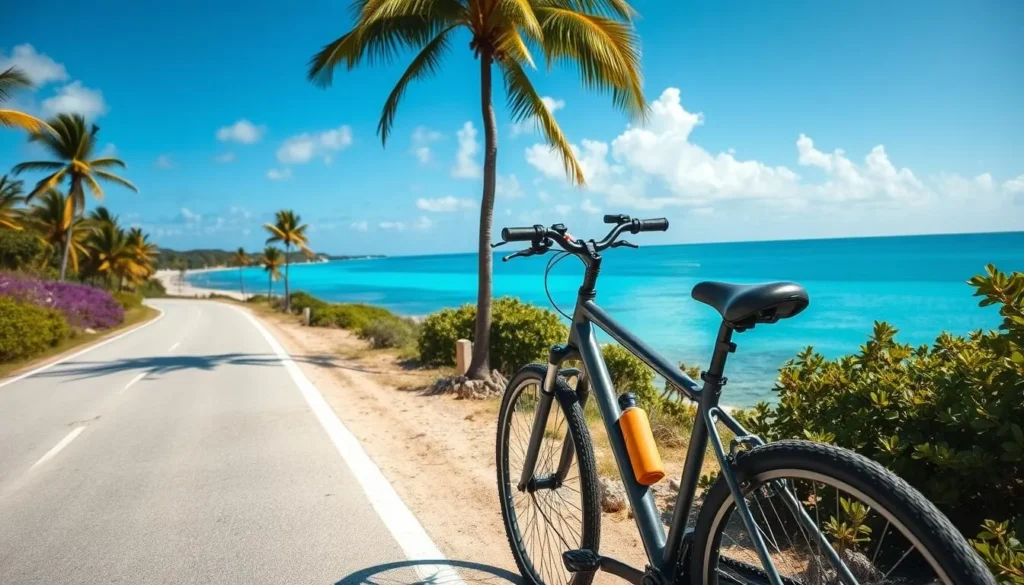 Bicycle parked along Little Cayman's coastal road with ocean view and palm trees