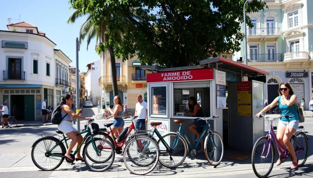 Bike rental station on Farme de Amoedo street in Ipanema with people renting bicycles