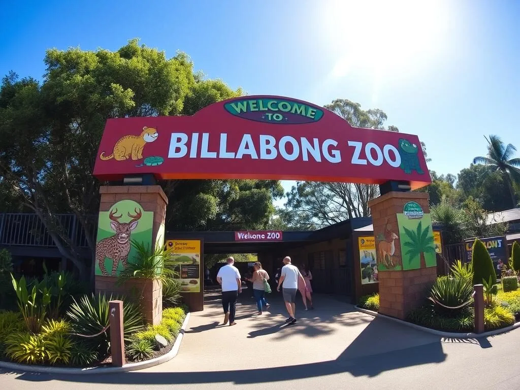 Billabong Zoo entrance with colorful signage and visitors walking in