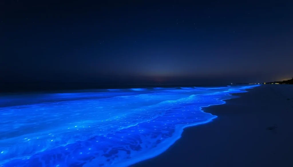 Bioluminescent plankton creating blue glow on Maldives beach at night