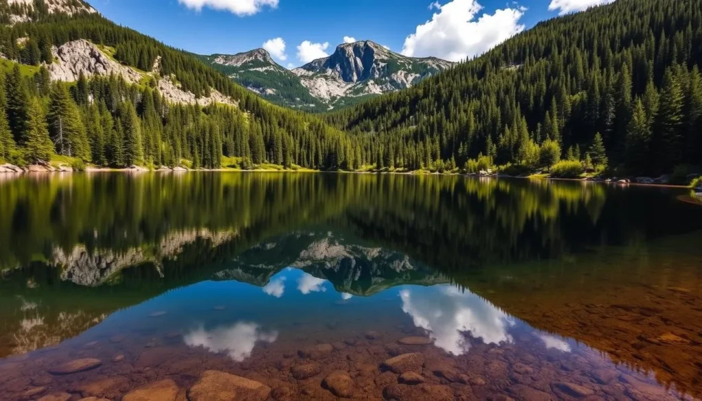 Black Lake in Durmitor National Park surrounded by pine forests and mountains Black Lake in Durmitor National Park surrounded by pine forests and mountains