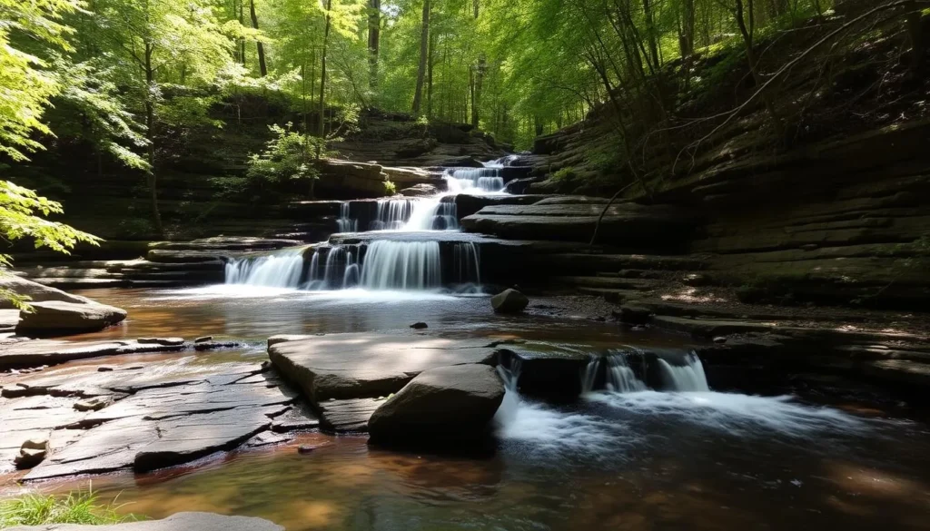 Blackledge Falls in Glastonbury Connecticut with water cascading over rocks surrounded by lush forest