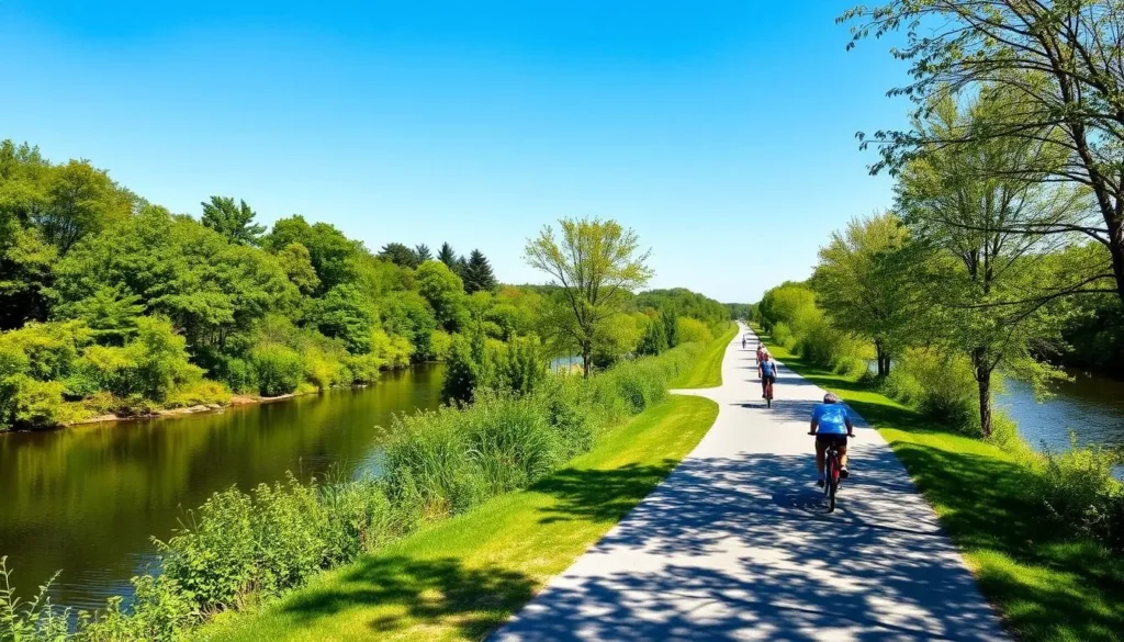Blackstone River Bikeway in Woonsocket Rhode Island with cyclists