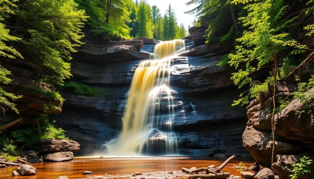 Blackwater Falls cascading waterfall surrounded by forest in Monongahela National Forest