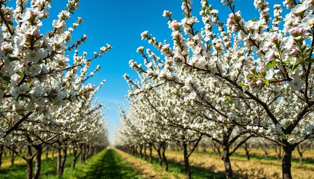 Blooming apple orchards in Kent during spring with white blossoms against blue sky Blooming apple orchards in Kent during spring with white blossoms against blue sky