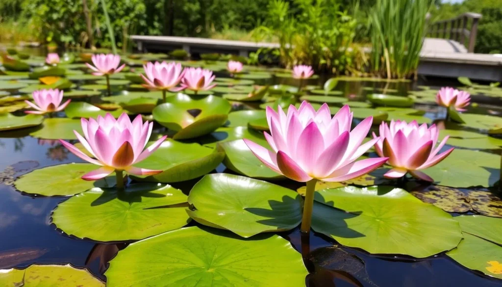 Blooming lotus flowers and water lilies at Kenilworth Aquatic Gardens in Washington DC Blooming lotus flowers and water lilies at Kenilworth Aquatic Gardens in Washington DC