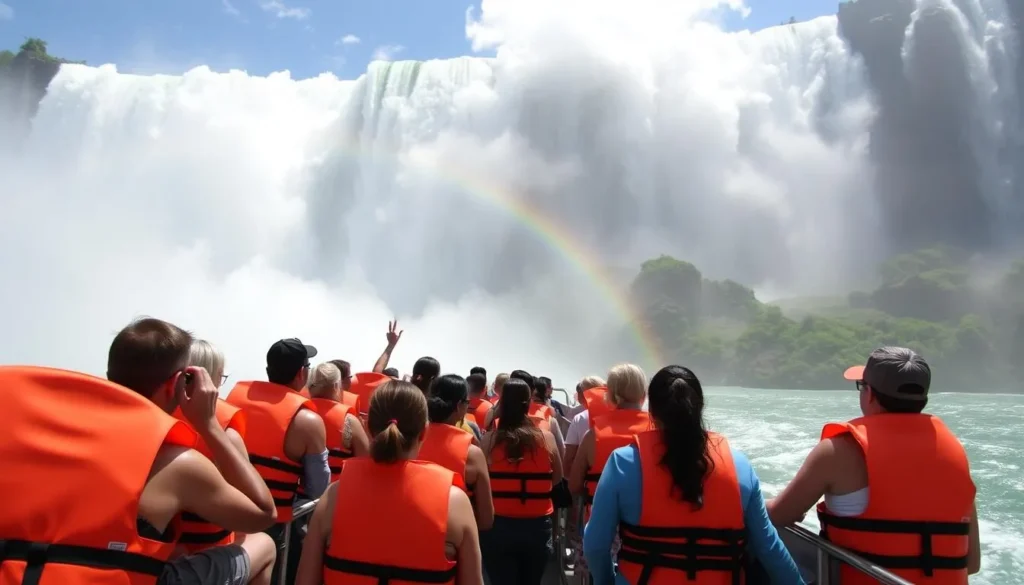 Boat approaching the base of Iguazu Falls during the Great Adventure tour