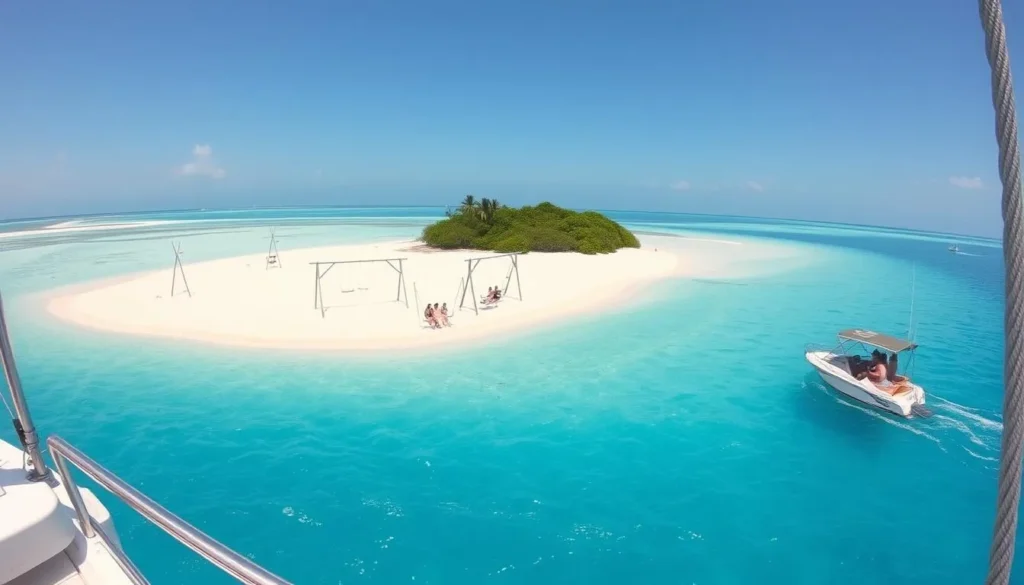 Boat tour near Harbour Island Bahamas with rope swings at a sandbar