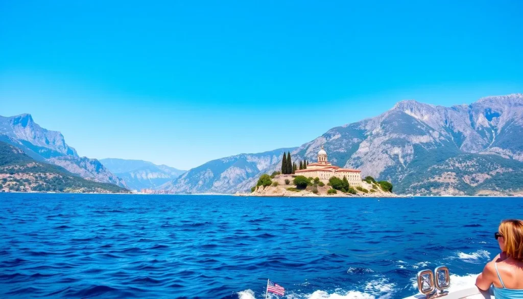 Boat tour on the Bay of Kotor with Our Lady of the Rocks island visible in the distance Boat tour on the Bay of Kotor with Our Lady of the Rocks island visible in the distance