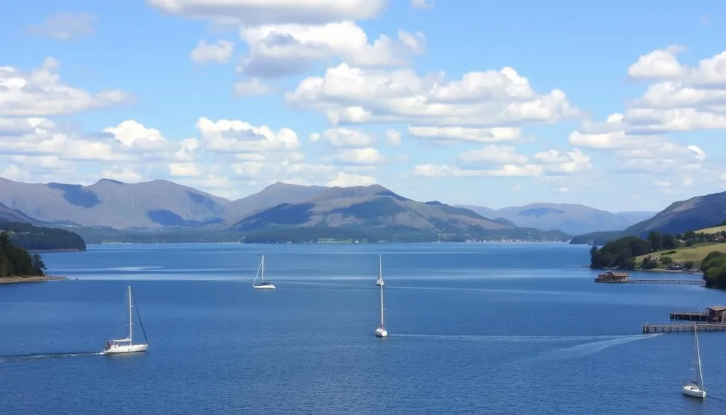 Boats on Lake Windermere with mountains in the background, England's largest lake in the Lake District Boats on Lake Windermere with mountains in the background, England's largest lake in the Lake District
