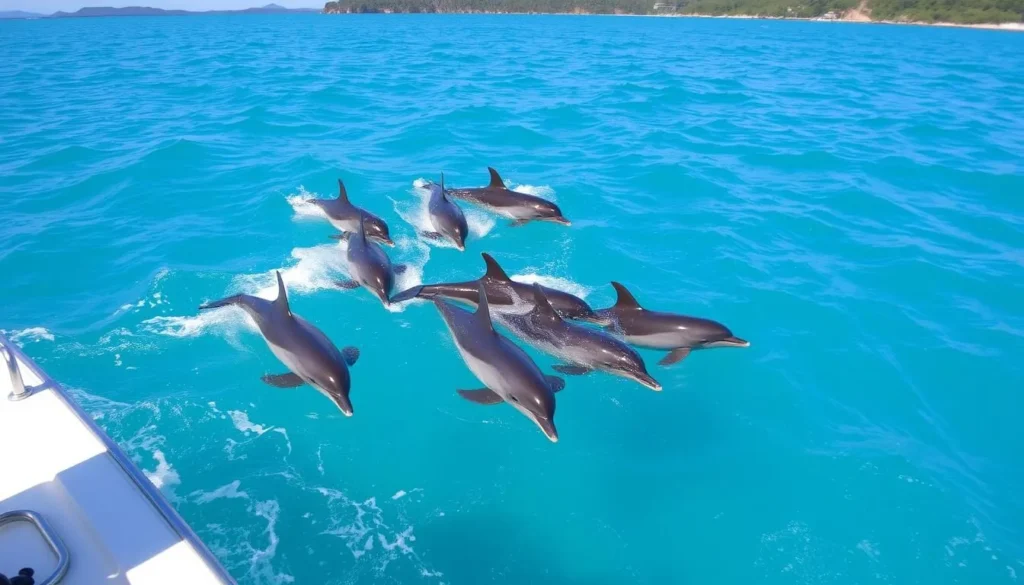 Bottlenose dolphins swimming alongside a boat in the clear waters of Port Stephens Bottlenose dolphins swimming alongside a boat in the clear waters of Port Stephens