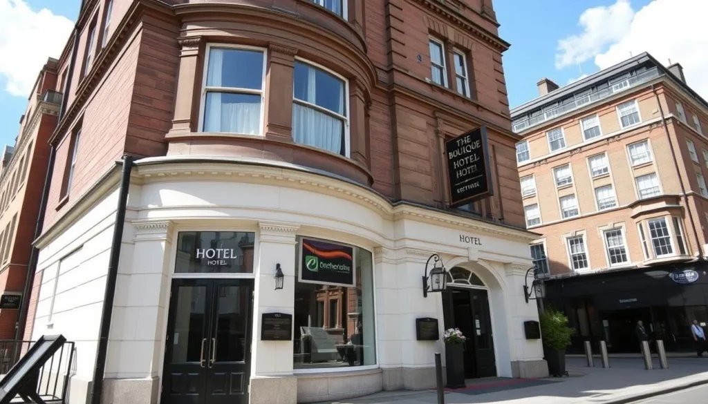 Boutique hotel in Sheffield city center with elegant facade and welcoming entrance