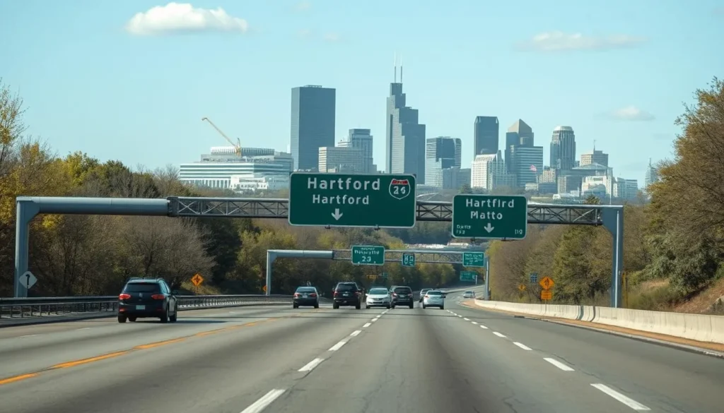 Bradley International Airport entrance with Hartford Connecticut skyline in the background
