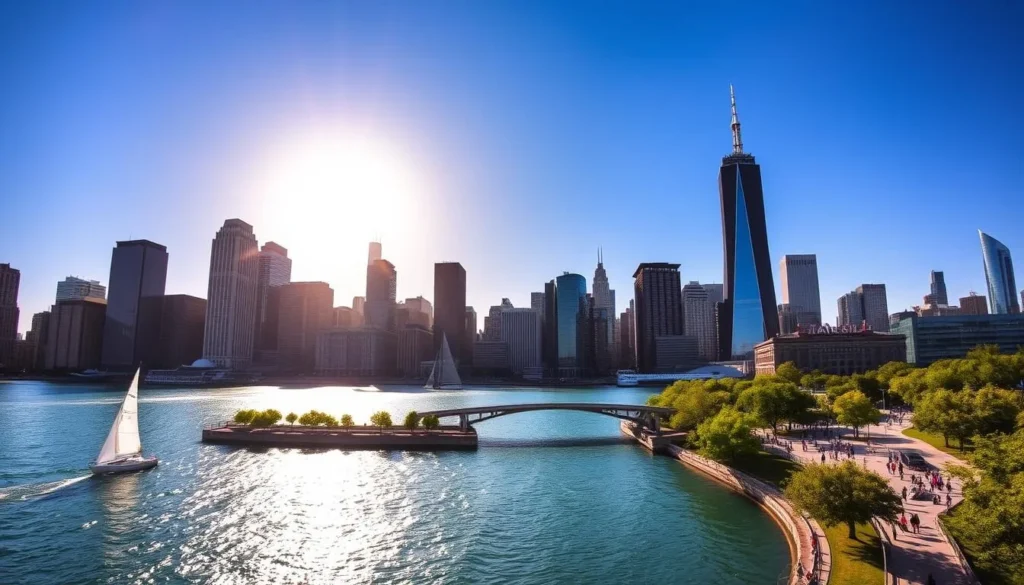 Breathtaking Chicago cityscape under a vibrant azure sky, sun's golden rays illuminating the iconic skyscrapers, from the sleek, modern Aon Center to the historic Wrigley Building. In the foreground, the sparkling waters of Lake Michigan, dotted with sailboats gliding gracefully. The middle ground features the bustling Riverwalk, pedestrians strolling along the tree-lined promenade, pausing to admire the stunning architecture reflected in the calm river. In the distance, the dramatic silhouette of the Willis Tower rises majestically, a testament to the city's enduring spirit. Capture the energy, dynamism, and natural beauty that define the Windy City.