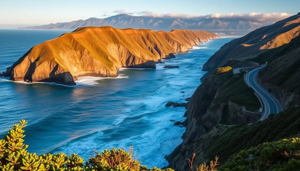 Breathtaking cliffs of the Big Sur coastline, bathed in warm, golden sunlight. Rolling waves crash against rugged, windswept rocks, creating a serene yet dynamic scene. In the foreground, lush, verdant foliage clings to the cliff edges, contrasting with the deep blue of the Pacific Ocean. The midground features a winding, picturesque highway hugging the coastline, inviting exploration. In the distance, majestic mountains rise up, their peaks capped with wispy clouds. Capture the magic and tranquility of this iconic California landscape, showcasing the breathtaking beauty of the Big Sur region.