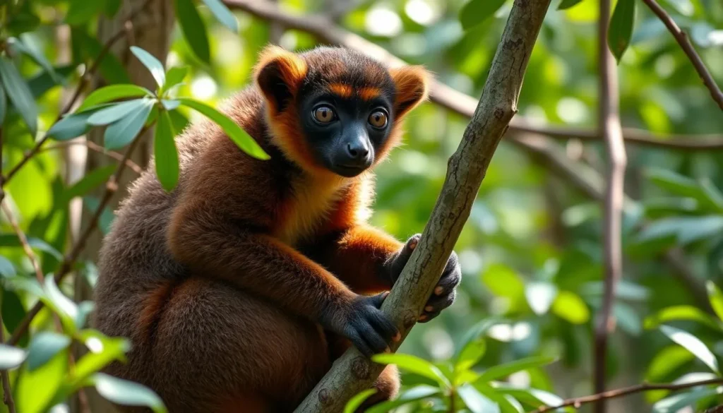 Brown lemur in natural forest habitat in Mayotte Brown lemur in natural forest habitat in Mayotte