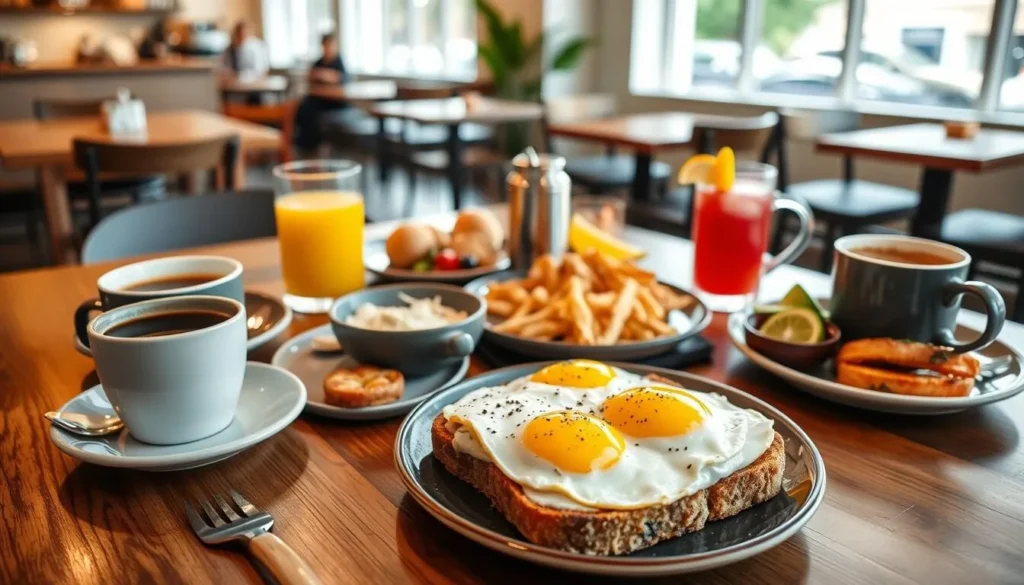 Brunch spread at a Newcastle cafe with coffee and colorful dishes