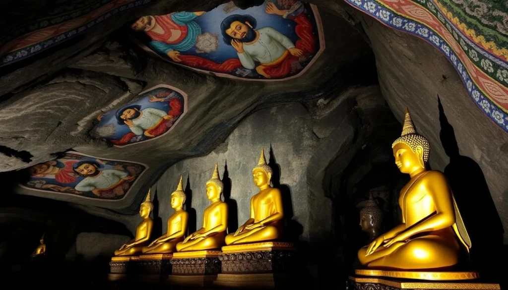 Buddha statues inside Dambulla Cave Temple in Sri Lanka
