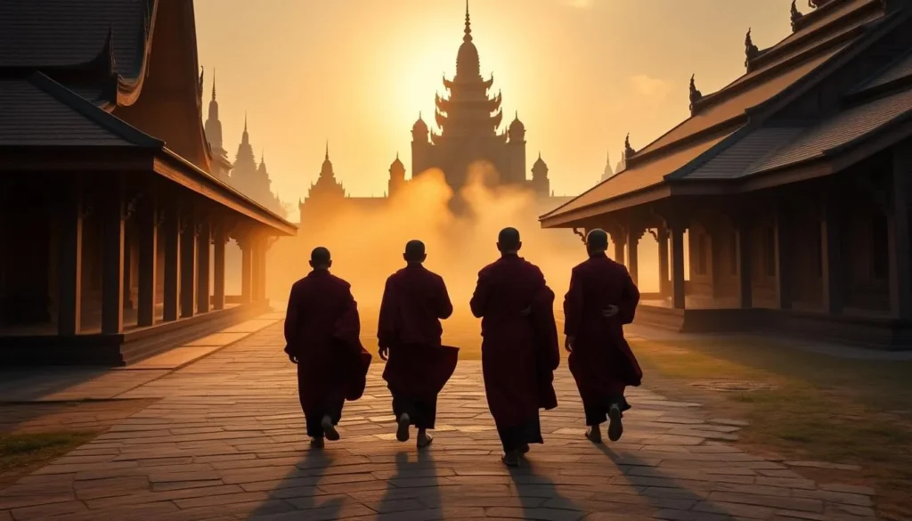 Burmese monks in traditional burgundy robes walking through a temple complex at dawn Burmese monks in traditional burgundy robes walking through a temple complex at dawn