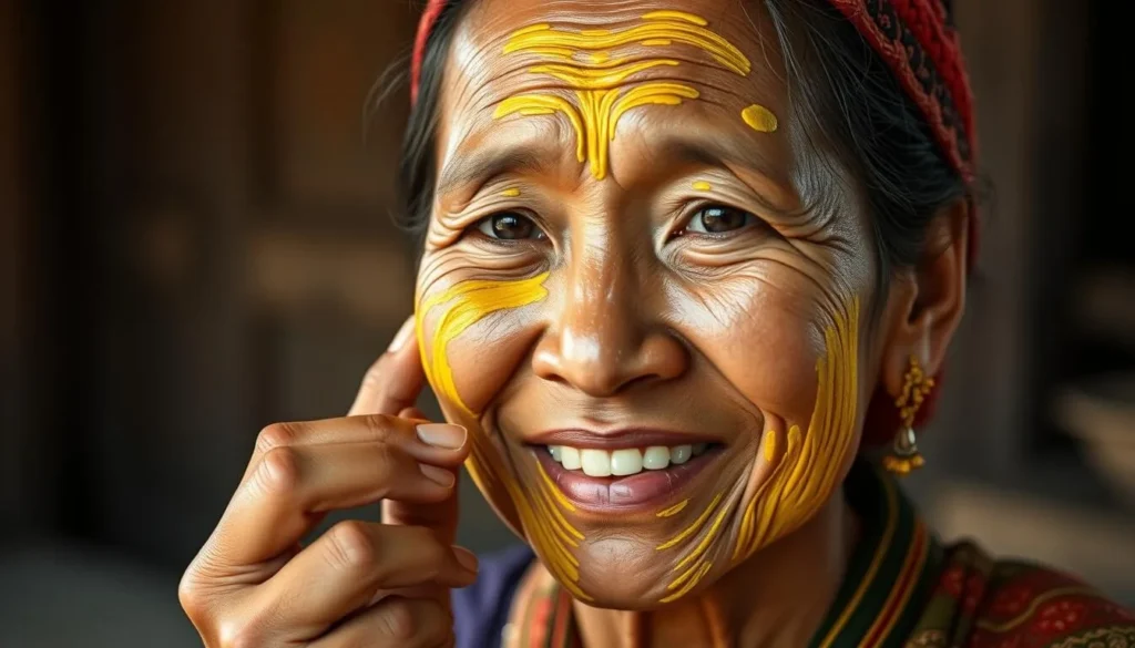 Burmese woman applying traditional thanaka paste to her face, smiling at the camera Burmese woman applying traditional thanaka paste to her face, smiling at the camera