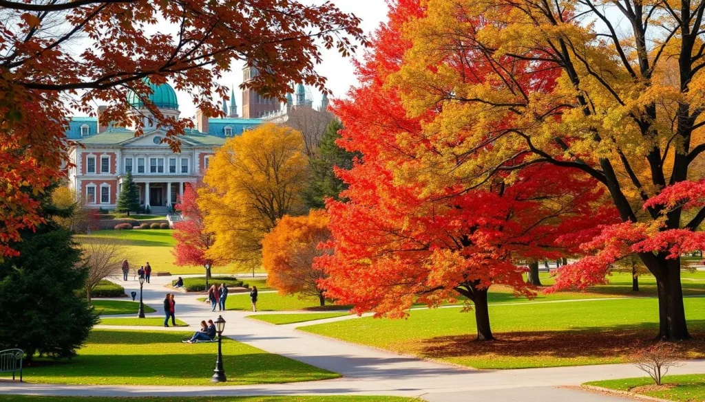 Bushnell Park in Hartford Connecticut during autumn with colorful fall foliage