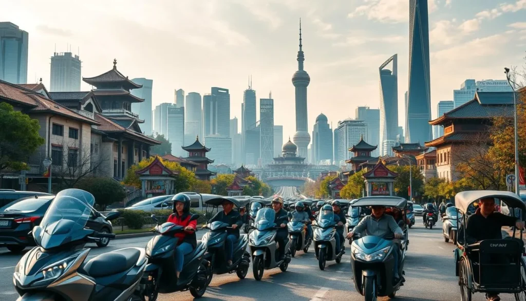 Bustling Shanghai cityscape with a blend of old and new transportation modes. In the foreground, sleek electric scooters weave through the traffic, while traditional rickshaws carry tourists through historic alleyways. In the middle ground, towering skyscrapers and modern high-speed trains stand in contrast to ancient pagodas and tranquil parks. The background showcases the iconic Pudong skyline, bathed in warm, golden light from the sun-dappled sky. The scene captures the dynamic energy and harmonious coexistence of Shanghai's past and present.