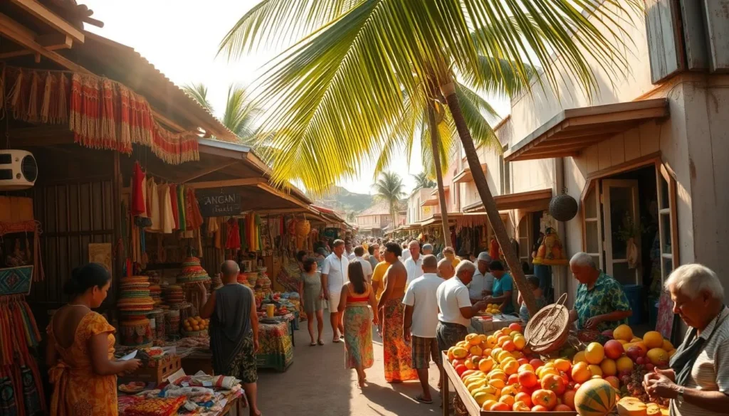 Bustling open-air market in the heart of Nuku'alofa, Tonga. Vibrant stalls overflowing with locally-crafted textiles, intricate woodcarvings, and fragrant tropical fruits. Warmly-dressed locals haggling with shopkeepers, lively chatter filling the air. Warm sunlight filters through palm fronds, casting a golden glow over the lively scene. Charming weathered buildings line the streets, adding to the authentic island atmosphere. Wide-angle lens captures the full scope of this colorful, immersive shopping experience in the capital city.