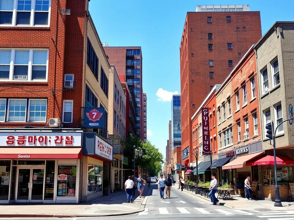 Busy Columbia Heights street with diverse restaurants including Korean establishments