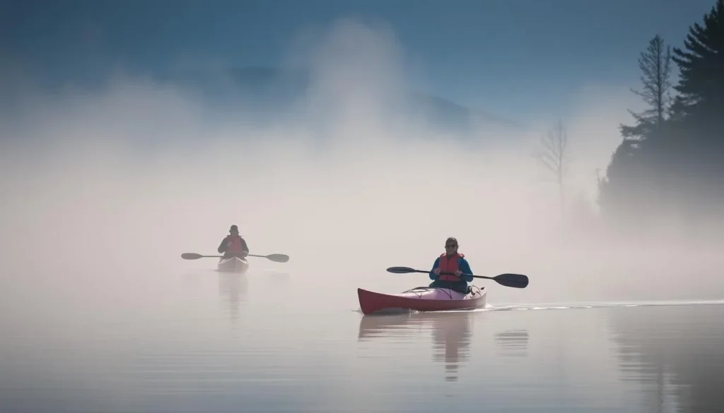 Caddo Lake kayakers paddling through the misty morning fog