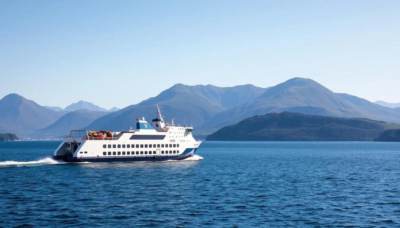 CalMac ferry approaching Brodick on the Isle of Arran, Scotland with mountains in the background